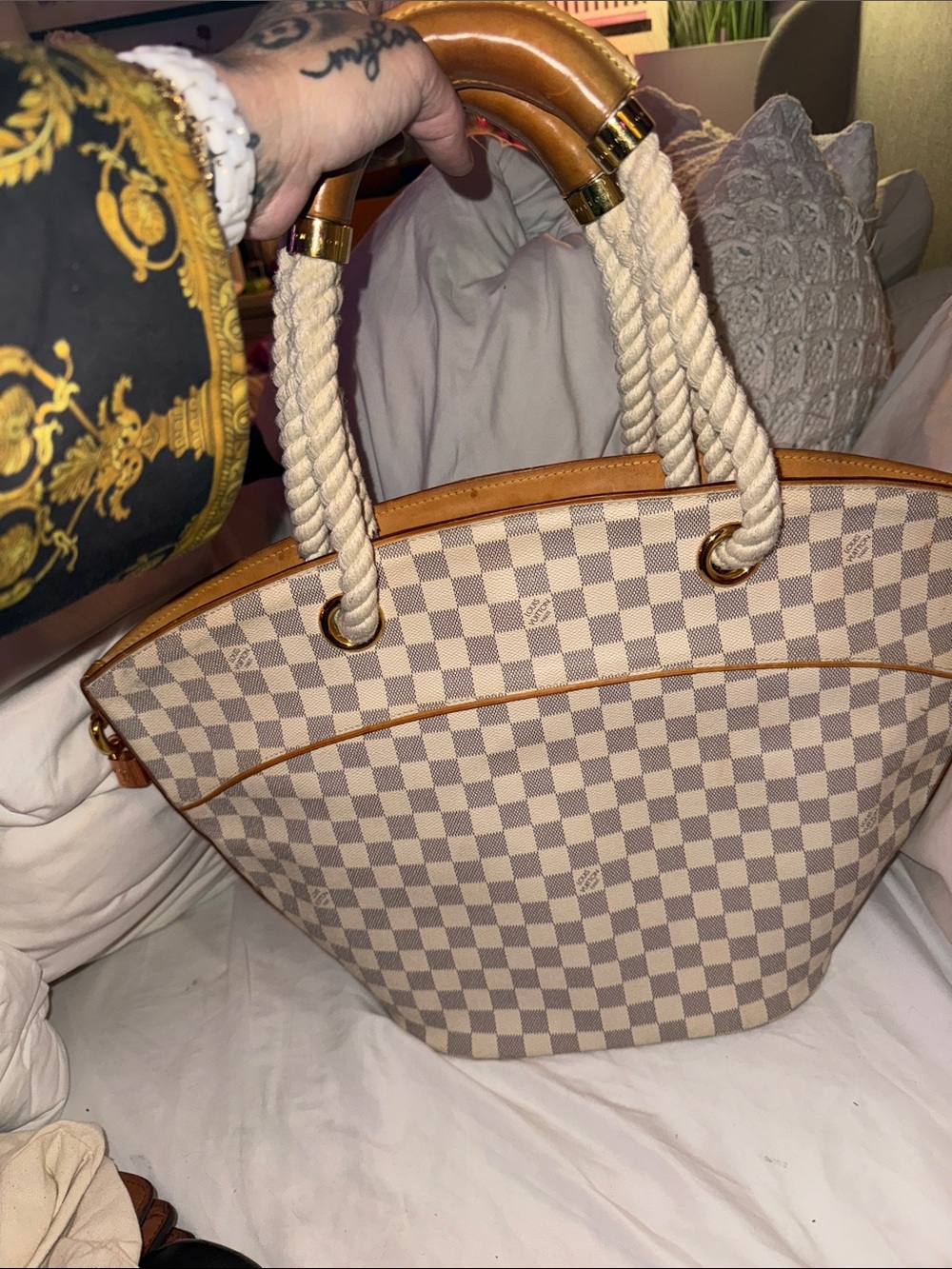 Louis Vuitton Cream and Tan Checkered Rope-Handle Tote